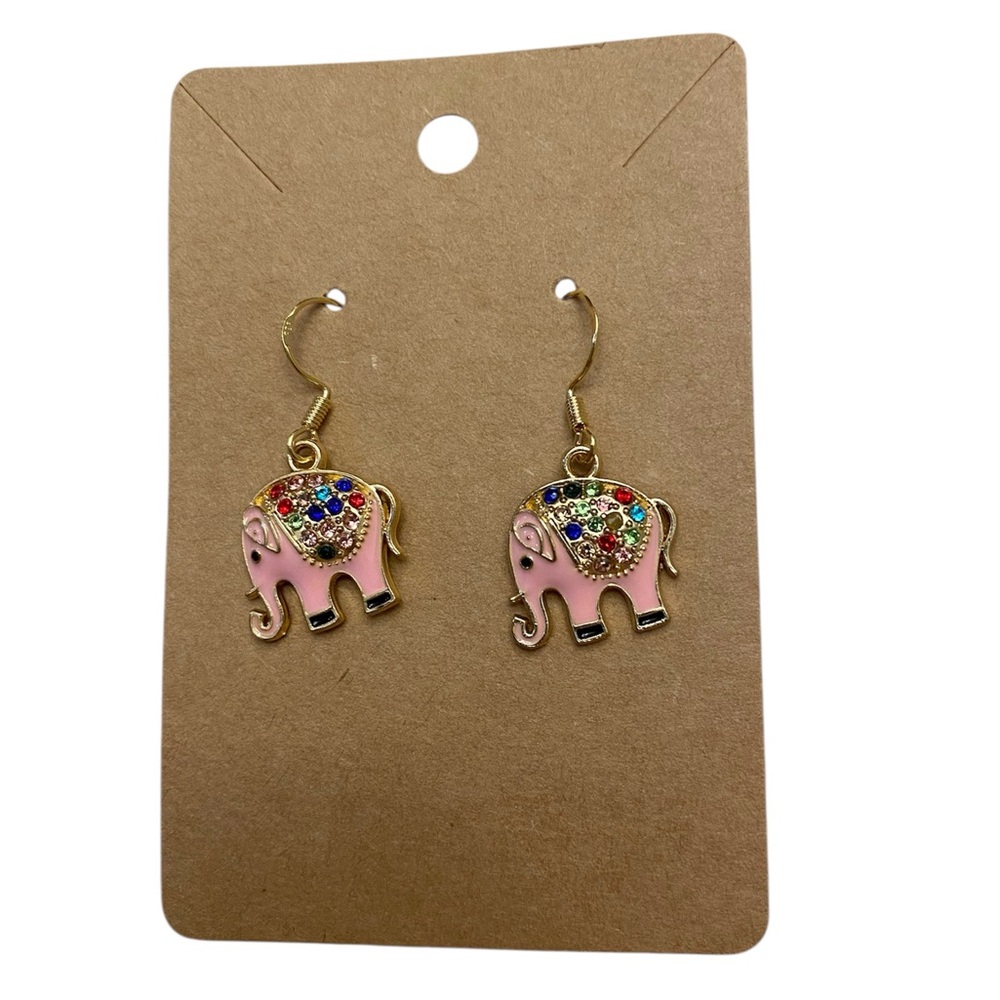 Pink Elephant Earrings with Colorful Accents